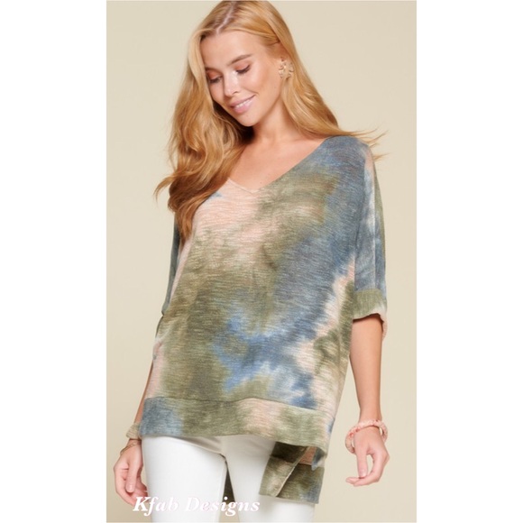 ❤️LAST! V Neck Tie Dye 3/4 Length Sleeve Hi Lo Top - Picture 2 of 6